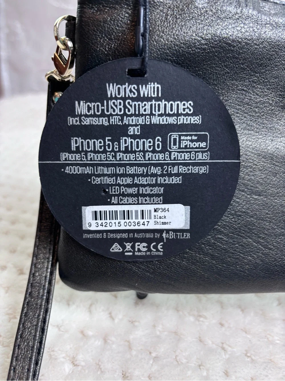 H&Butler Mighty Purse Smooth Black Leather Wristlet w/Built-in Phone Charger